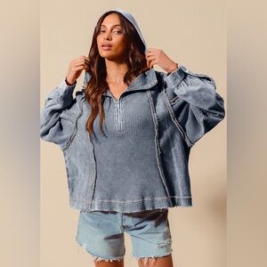 Denim blue Rust mineral washed waffle thermal raw zip hoodie pullover sweatshirt